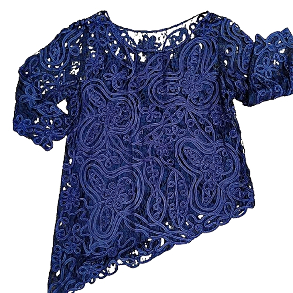 Soulmates Lace Beaded Asymmetrical Elegant Navy Women's Top Large Wedding